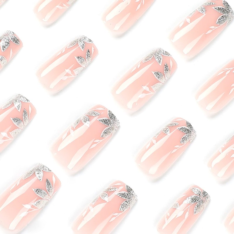Medium Pink Square Acrylic False Nails, Fake Nails With Silver