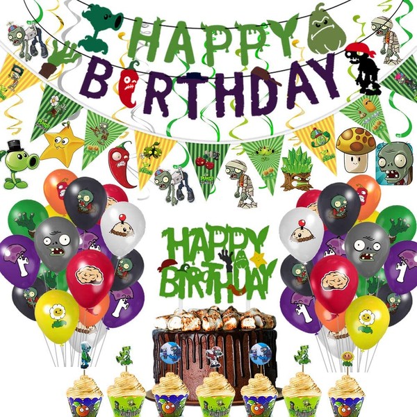 TGE-V Plants VS Zombies Party Banner, Cake Topper, Cupcake Topper, Cup Cake Wrappers, Zombies Triangle Banner,Zombies Hanging Swirls and PVZ Balloons for PVZ Party Supplies Decorations/Kids Room Decor, 119Pcs IN ALL