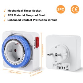 Adiwo Mechanical Timer, Pack of 2 Analogue Timer for Indoor Use, 15 Minute Switching Interval 24h Format, IP20, Max. 16A/3680W, for Christmas Decoration, Automatic Closing Activate
