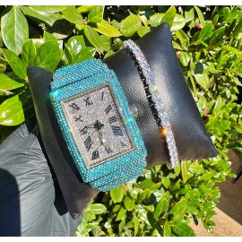 ICEDTAG Full Iced Band Luxury Bling Blue Finish Simulated Diamond Tennis Bracelet Watch - Watch Only (Design 2)