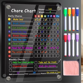 Acrylic Magnetic Chore Chart for Kids & Adults, 12"x9.5" Clear Dry Erase Reward Board - Behavior and Responsibility Refrigerator Chart for at Home Multiple Kids, Teens(w/ 8 Markers & Towel)