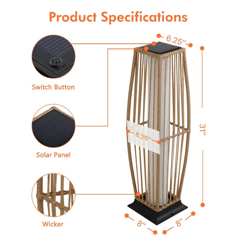 Grand patio Outdoor Floor Lamp Solar Powered Lantern Waterproof Wicker