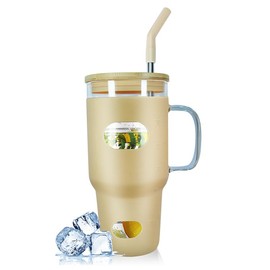ANOTION 24oz Glass Cups with Lids and Straws with Handle  -Tumbler Coffee Cups Mason Jar Cups Drinking Set Coffee Bar Accessories:_Amber （Butterfly Cap+Coaster ）