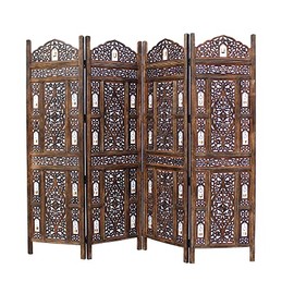 Room Divider Wood Screen - Ghanti Bells Antique Brown - 4 Panel Folding 72 x 80 - Assembled Hand Carved Decorative Functional Versatile Portable Partition Reversible Privacy Boho - COTTON CRAFT