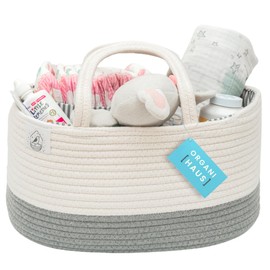 OrganiHaus Baby Organiser Basket - Storage Basket for Changing Table and Nursery - Gifts for Newborns & Baby, Storage Basket with Compartments & Handles - Grey / White