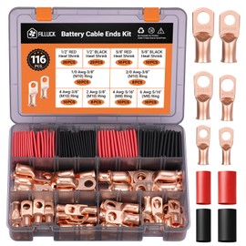 Filluck 116pcs Battery Cable Ends Kit,1/0 AWG 2 AWG 2/0AWG 4 AWG 6 AWG Copper Lugs,0 Gauge Heavy Duty Wire lugs, 3/8" & 5/16" Ring Terminal Connectors with 3:1 Heat Shrink Tube & Storage Box