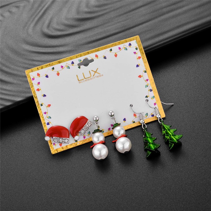 Lux Accessories Christmas Red Santa Hat Pearls Snowman Green Tree