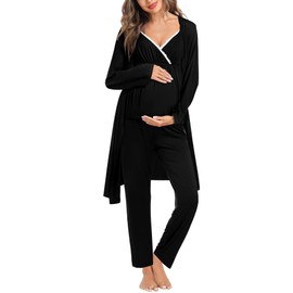 SWOMOG Maternity Nursing Robe Set 3 Piece Breastfeeding Pajamas 3 in 1 Labor Delivery Sleevless Tops&Long Pants Pregnancy Pjs Black