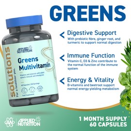 Applied Nutrition - Solutions - Greens Multivitamin - High Strength Daily Greens & Superfood Capsules - Gut Health, Immunity & Energy Support - 60 Capsules - 30 Servings