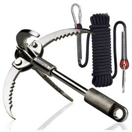 QUADPALM Grappling Hook and Black Rope 10M (32ft) - Multifunctional Heavy Duty Survival Hook - 2 Locking carabiners - 4 Stainless Steel Folding Claws - Survival Gear - Outdoors Camping Hiking