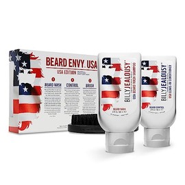Billy Jealousy Beard Envy USA Edition - Kit introductorio para barba con champú para lavado de barba USA, acondicionador sin enjuague USA y cepillo de
