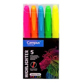 Campus Slanted Tip Highlighters - 5 Neon Colours - Water Based Highlighter (Pack of 5 Neon Colours)