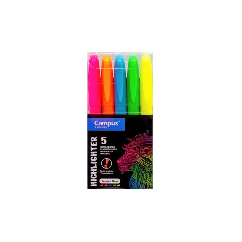 Campus Slanted Tip Highlighters - 5 Neon Colours - Water