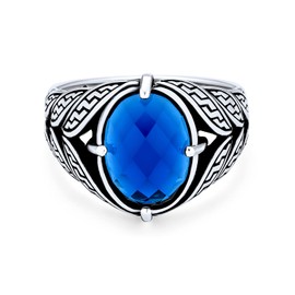 Personalize - Juego de anillos unisex para hombre, estilo clásico, facetado, ovalado, zafiro azul, circonita cúbica, circonita cúbica, hojas de vid cónicas, joyería occidental para hombres, plata maciza oxidada, hecha a mano en Turquía, 10, Gema Metal, Z