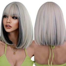 AIKO PRO Fashion 14 Inch Straight Platinum White Bob Wig for Women, Natural Straight Synthetic Shoulder-Length Short Lolita Wigs with Bangs Heat Resistant For Cosplay and Daily Wear Platinum White