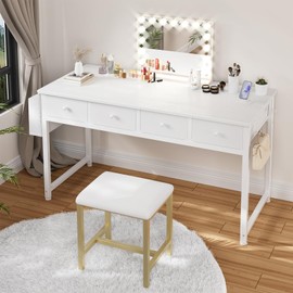 Lufeiya 47 Inch White Computer Desk with Fabric Drawers for Home Office Bedroom, Vanity Desk with Drawer Storage and Side Pouch, Study Writing Table, White