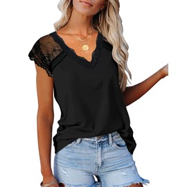 KINLONSAIR Women's Crochet Lace Basic V-Neck T-Shirts Short Sleeve Loose Fitting Tunic Tank Tops