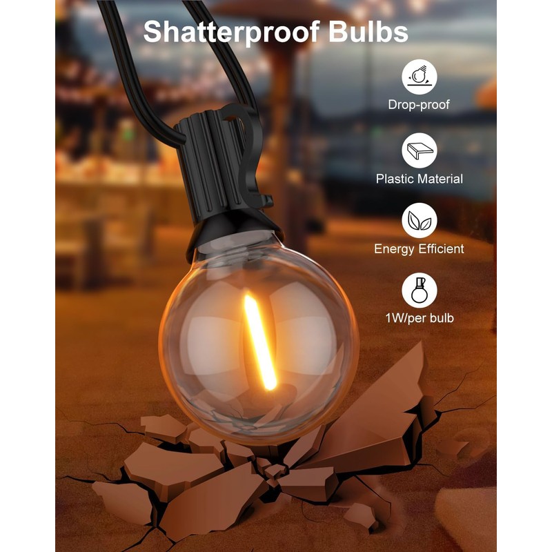 GLUROO 200FT(100FT*2PC) Outdoor String Lights, G40 LED Patio Lights with