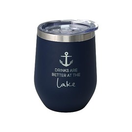Pavilion - At The Lake 12 ounce Stainless Steel Wine Tumbler, Vacuum Insulated Wine Tumbler, Wine Tumbler with Lid, Lake House Gift Ideas, Anchor Decor, Wine Gifts For Women, Navy