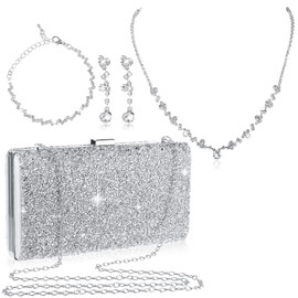 Mixweer 4 Pieces Clutch Purses Bag for Women Evening Rhinestone Jewelry Set Bling Necklace Earrings Bracelets Set for Wedding (Simple Style)