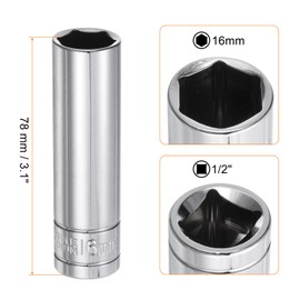 sourcing map 6-Point Socket 1/2" Drive 16mm Metric 3.1" Length 45# Steel Deep Sockets Full Polishing Chrome Sockets for Car Repair Mechanical Maintenance Home Use