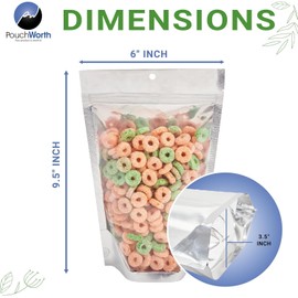 PouchWorth 50 pcs Clear Front/Aluminum Foil Back 4 Mil Mylar 6" x 9.5" Stand Up Pouch Ziplock Smell Proof Bags