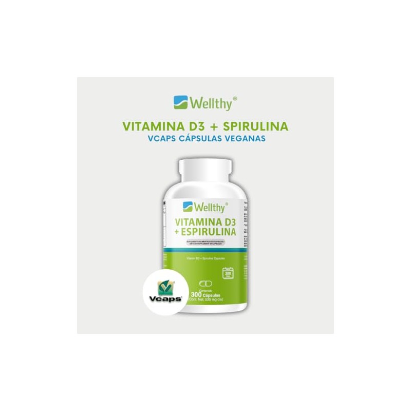 Wellthy Vitamina D3 400 unidades Espirulina 300 Cpsulas. Reforzado con