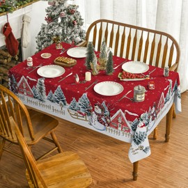 Horaldaily Christmas Tablecloth 60×60 Inch Square, Winter Snowman House Christmas Trees Red Washable Table Cover for Party Picnic Dinner Decor