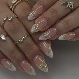 Press On Nails, Short Almond Ballet Duck Fake Nails, Cute Flower Stick on nails, Glue on Nails on 24PCs (White French Bow)