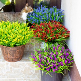 Artificial Fall Flowers for Outdoors Decorations - 20 Bundles Fake Lavender with Grass UV Resistant Plastic Faux Autumn Plants for Thanksgiving (20, Yellow)