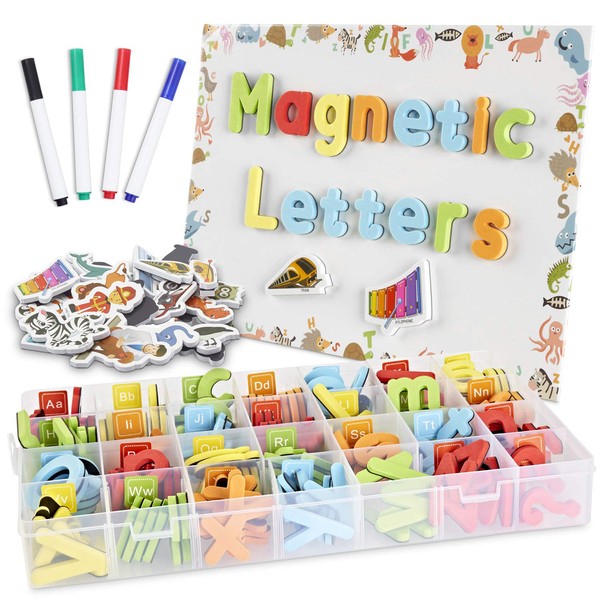 CHUCHIK ABC Magnetic Letters Set for Kids and Toddlers. Alphabet Lowercase and Uppercase Foam Magnets Toy with Easel White Board, 4 Pens and Eraser.