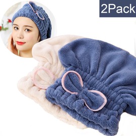 SweetCat 2PC Microfiber Hair Drying Caps, Extrame Soft & Ultra Absorbent, Fast Drying Hair Turban Wrap Towels Shower Cap for Girls and Women (Blue+Beige)…