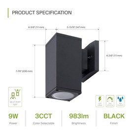 ASD 1 Light Square LED Indoor & Outdoor Wall Light Fixture | 9W 1000LM 3000K-5000K 120V Cylinder Up Down Lights | Dimmable Waterproof Exterior Wall Sconce | Front Door, Porch, Patio | Black, ETL