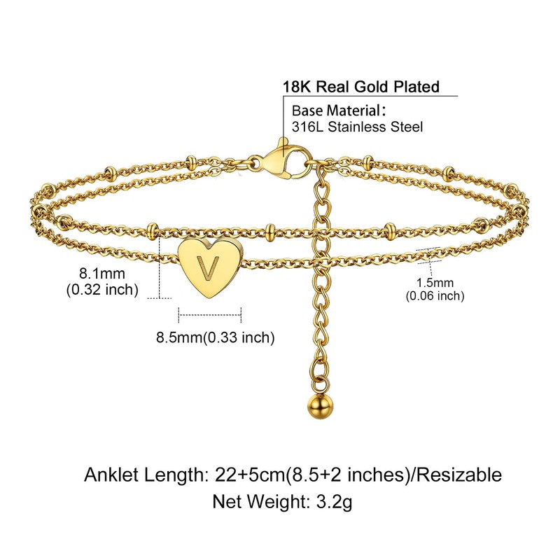 ChainsHouse Women's Girls 26 Letter Double Bracelet Anklet Adjustable Heart