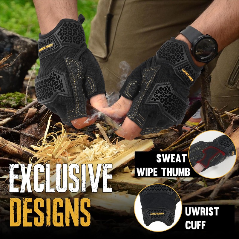 HANDLANDY Fingerless Framer Work Gloves for Men, Utility Grip Paded