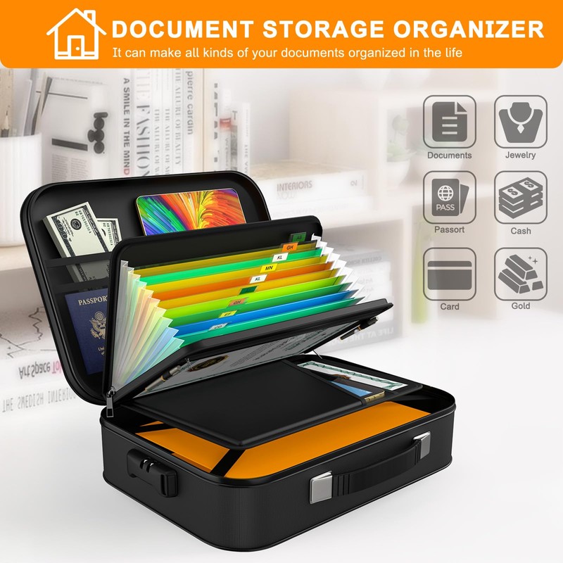 JUNDUN Fireproof Document Box,Hard Case Fireproof Document Organizer with Lock，Home