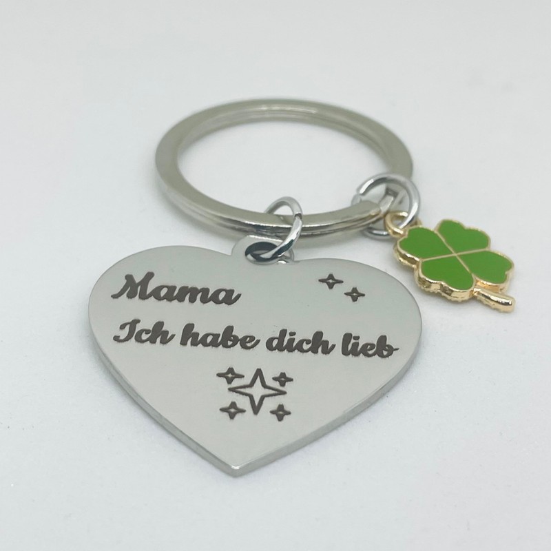 WOO MANTO Heart Keyring with Clover Leaf Pendant, Mama, Ich