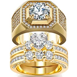 2 Rings His and Hers Couple Rings Bridal Sets Yellow Gold Filled Heart Cz Womens Wedding Ring Sets Man Wedding Bands