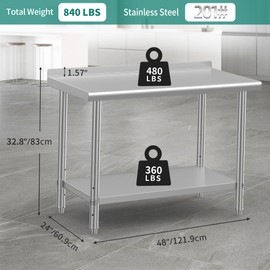 YITAHOME 48" x 24" Stainless Steel Table for Prep & Work with Backsplash, NSF Commercial Heavy Duty Table with Undershelf for Home Kitchen Restaurant Garage Warehouse