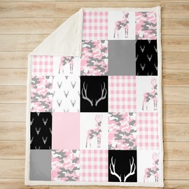 Manfei Pink Camouflage Throw Blanket Wild Animal Deer Antlers Print Fleece Blanket, 50 x 60 Inches
