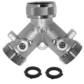 Morvat Heavy Duty Nickel Plated Brass 2 way Y Splitter Garden Hose Hexagonal Connector with Comfortable Grip Shut Off Valves, Adapter for Water Tap, Outlet, & Spigot, Includes 2 Extra Rubber Washers