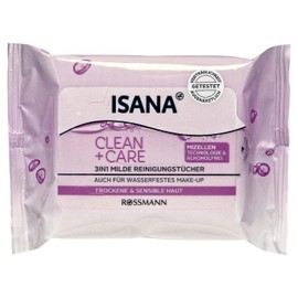 ISANA Clean + Care 3-in-1 Mild Cleansing Wipes for Dry & Sensitive Skin for Waterproof Make-Up, Micellar Technology & Alcohol-Free Pack of 25