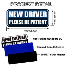 New Driver Car Magnet for Car, Magnetic learner Driver Sign for Car, 10 x4 in Be Patient New driver Magnet Reflective & Waterproof Blue/Black