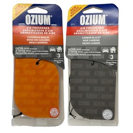 Ozium Paper Hanging Car Air Freshener with Odor Eliminator for Car - Refresh Your Ride with Automotive Air Fresheners, 3 Pieces (Caribbean Breeze + Carbon Black, 2 Packs Combo Kit)
