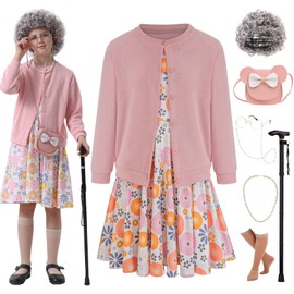 Z-Shop Z-Shop 100 Days of School Old Lady Costume for Kids 100th Grandma Granny Dress up for Girls,Pink,6