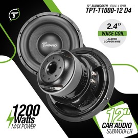 Timpano 12 Inch Subwoofer D4 1200 Watts Max Power Dual 4 Ohm, Subwoofer Car Audio 12 Inch 14 mm Xmax, TPT-T1000-12 D4, 2.4 in Voice Coil, Deep Low Tones Sub Woofer for Car Audio Systems (Single)