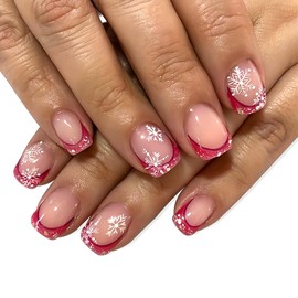 French Tip Press on Nails Short Square Fake Nails Christmas Glue on Nails with Snowflake Designs Glossy Stick on Nails Xmas Acrylic Nails Winter False Nails for Women Girls 24Pcs