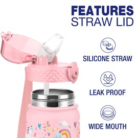 GOPPUS 550ml/18oz Kids Insulated Water Bottle with Straw Cute Double Wall Stainless Steel Child's Small Flask Vacuum Insulated Steel Metal Leak Proof Drink Flask Boys Toddler Girls Flask BPA-Free