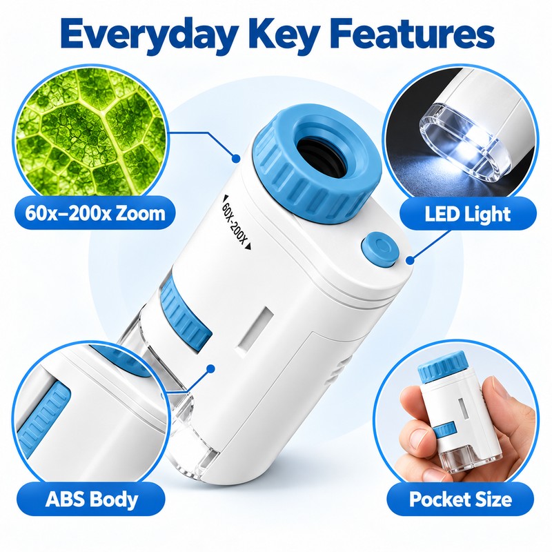 Pocket Microscope for Observation – 60x–200x Magnification with LED Light