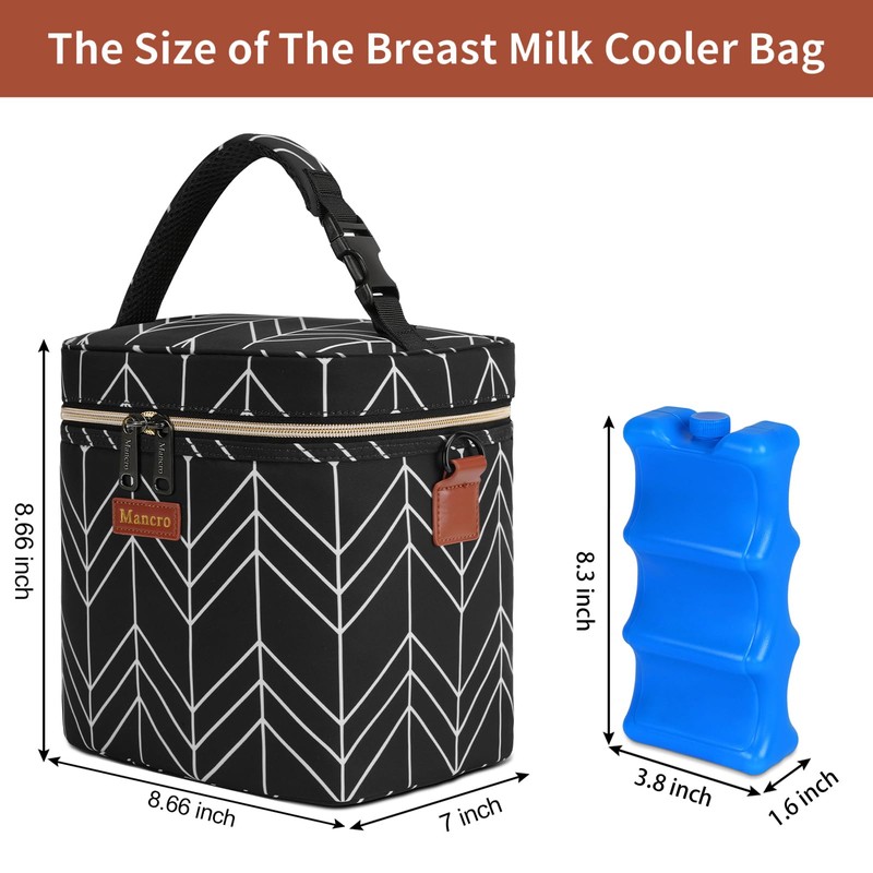 Mancro Breastmilk Cooler Bag, Insulated with Ice Pack, Fits 6